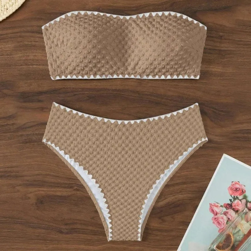 Swimwear White 2 Piece Strapless Swimsuit for Women Sexy Bandeau Backless Bikini Set Lace-up Patchwork Bathing Suit 2025 New