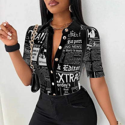 Summer Fashion Button Slim Fit Shirt Women Elegant Short Sleeve Single Breasted Letter Printed Blouses For Women Tops