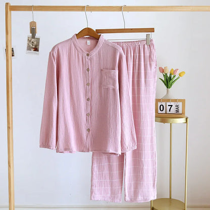 Women‘s 2-Piece Pajama Set - Minimalist Style Sleepwear, Double Gauze Cotton Long Sleeve &amp; Relaxed Fit, Lightweight &amp; Breathable