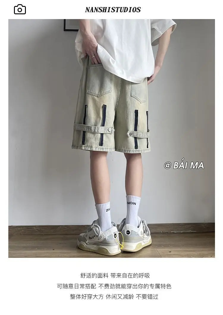 Denim Shorts Wear Five-point Summer Thin Style Trendy Street-fried Street-style Loose Straight Men&