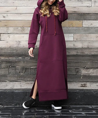 Hoodies Dress For Women Fashion 2025 Hem Lace-up Midi Robe Hooded Long Dress Autumn Winter Warm Casual Loose Sweatshirt Vestidos