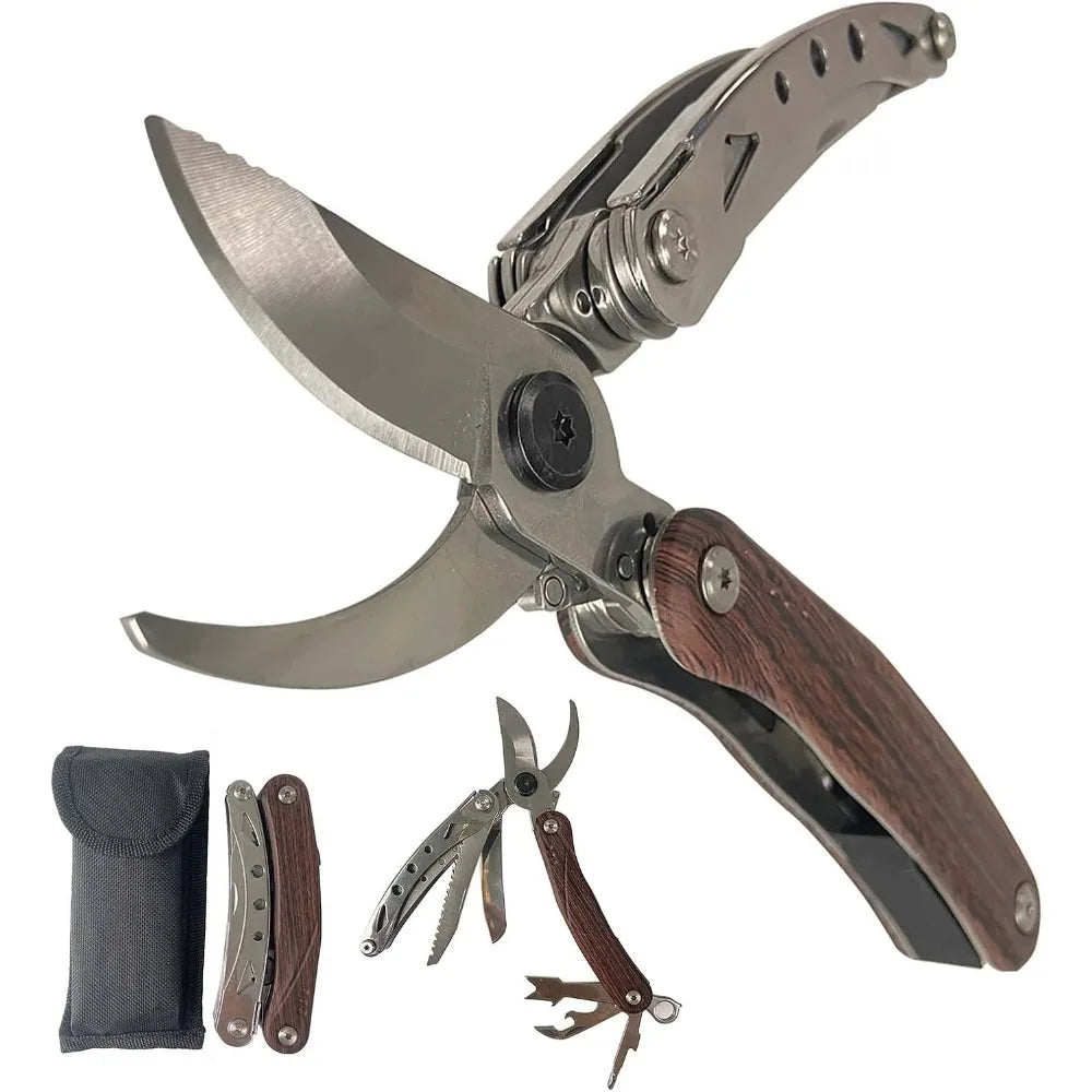 6 in 1 Gardening Heavy Duty Tools for Fresh Branches Scissors Hand Pruning Shears with Saw,Bark Shovel and Safety Lock