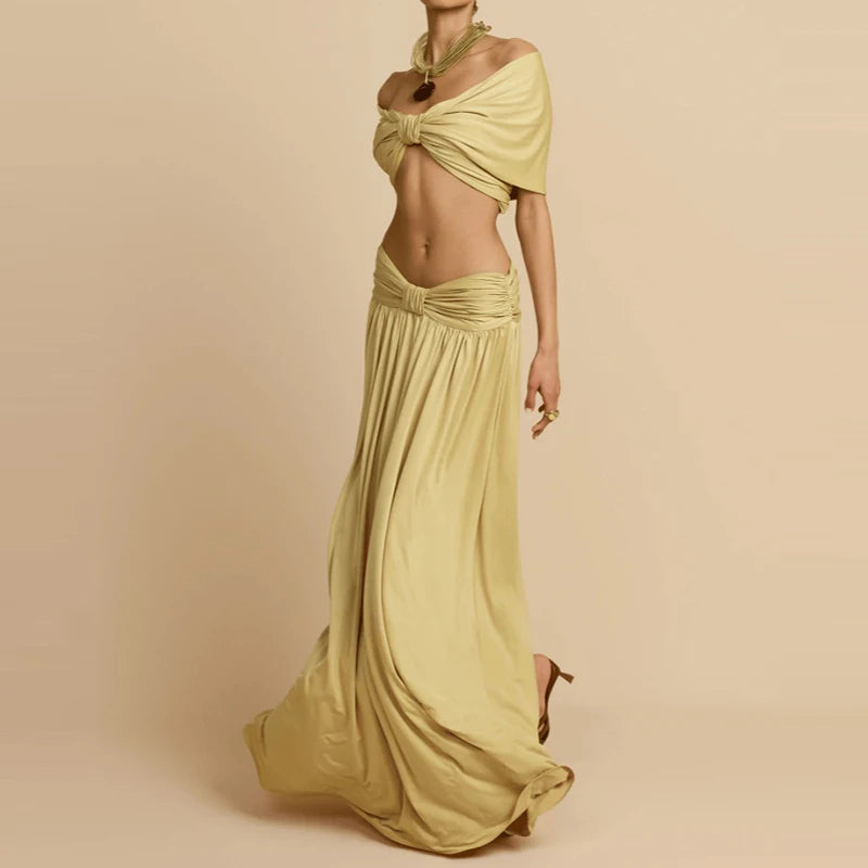 Women Fashion Hight Waist Draped Solid Outfit Elegant Half Skirt 2Pc Suit Sexy Off Shoulder Sleeveless Crop Top &amp; Long Skirt Set