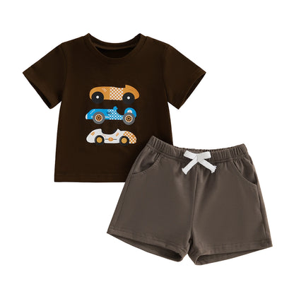 Kids Boys Summer Clothing Sets Short Sleeve O Neck Race Car Print T-shirts Tops and Solid Color Shorts Casual Tracksuits
