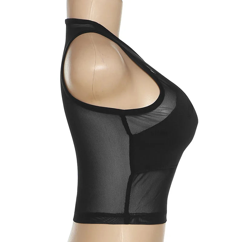 Sleeveless Sexy Tank Top Women Clothing See Through Y2k Accessories O-neck Palms Cute Mini T-shirts Mesh Black Ropa De Mujer