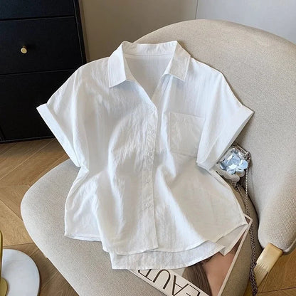 White Cotton Shirt Women Summer New Thin Loose Blouses Fashion Korean Commute Solid Short Sleeved Shirt Top