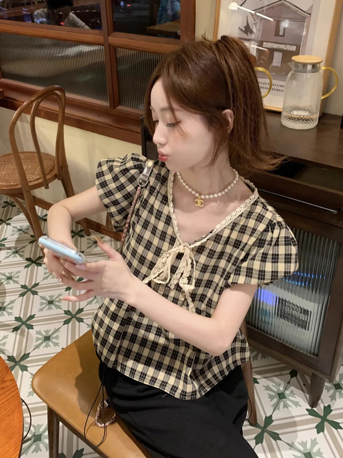 Blouses Women Plaid Vintage Literary Summer Short-sleeve Sweet Crop Tops Lace-up Aesthetic Prairie Chic Students French Style