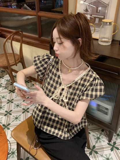 Blouses Women Plaid Vintage Literary Summer Short-sleeve Sweet Crop Tops Lace-up Aesthetic Prairie Chic Students French Style