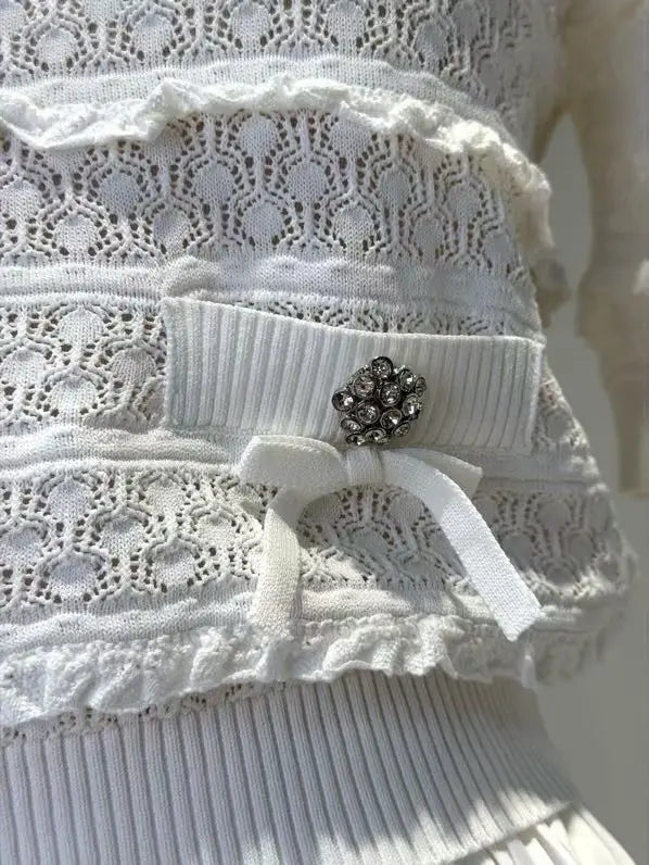 Women White Fashion Set short sleeve knit sweater tops + high waist fashion midi skirt