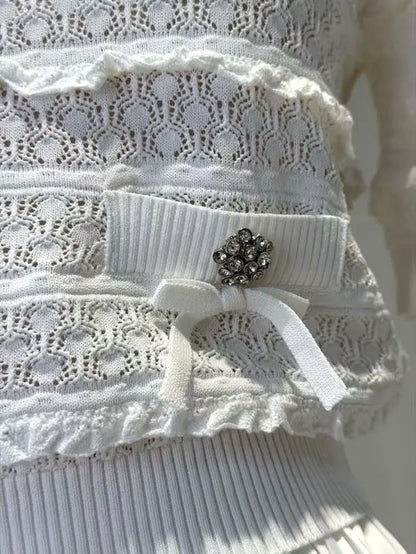 Women White Fashion Set short sleeve knit sweater tops + high waist fashion midi skirt