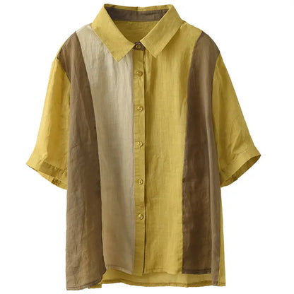 Cotton and Linen Shirt for Women Fashionable and Versatile Cardigan Lapel Top Thin Blouse Patchwork Casual Chic Female Clothes