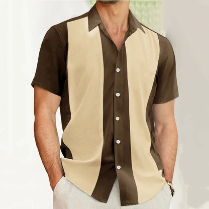Fashion Business Stripped Splicing Man Shirts Vintage Casual And Versatile Button Down Bowling Short Sleeve Summer T-Shirt Tees