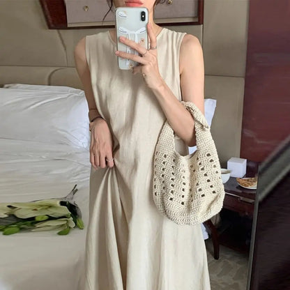 Solid Summer Sleeveless Dress Round Neck Simple Vocation Vest Dresses Beachwear Hollowed Out Open Back Long Dress Teens