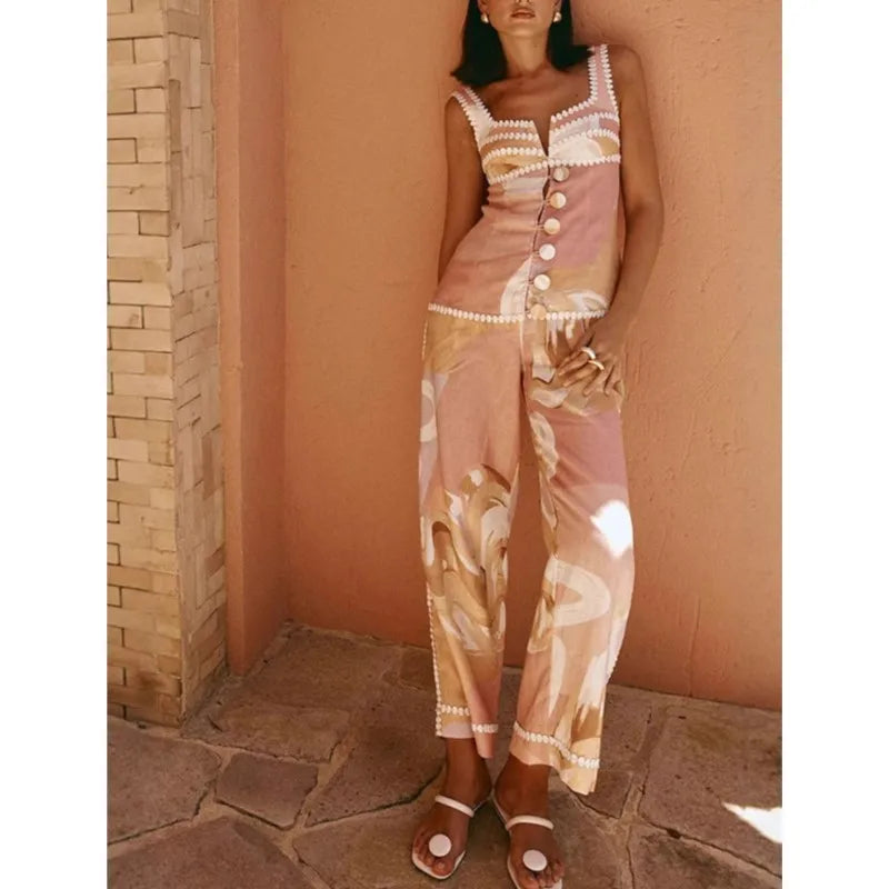 Women Sleeveless Top Two Pieces Matching Sets 2025 Summer Printed Patchwork Chic Outfit V Neck Fashion Simple Lady Suit Clothing