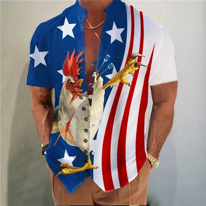 Men Shirts New Print Button Short Sleeves Shirt Fashion Stand Collar Loose Fitting Men&