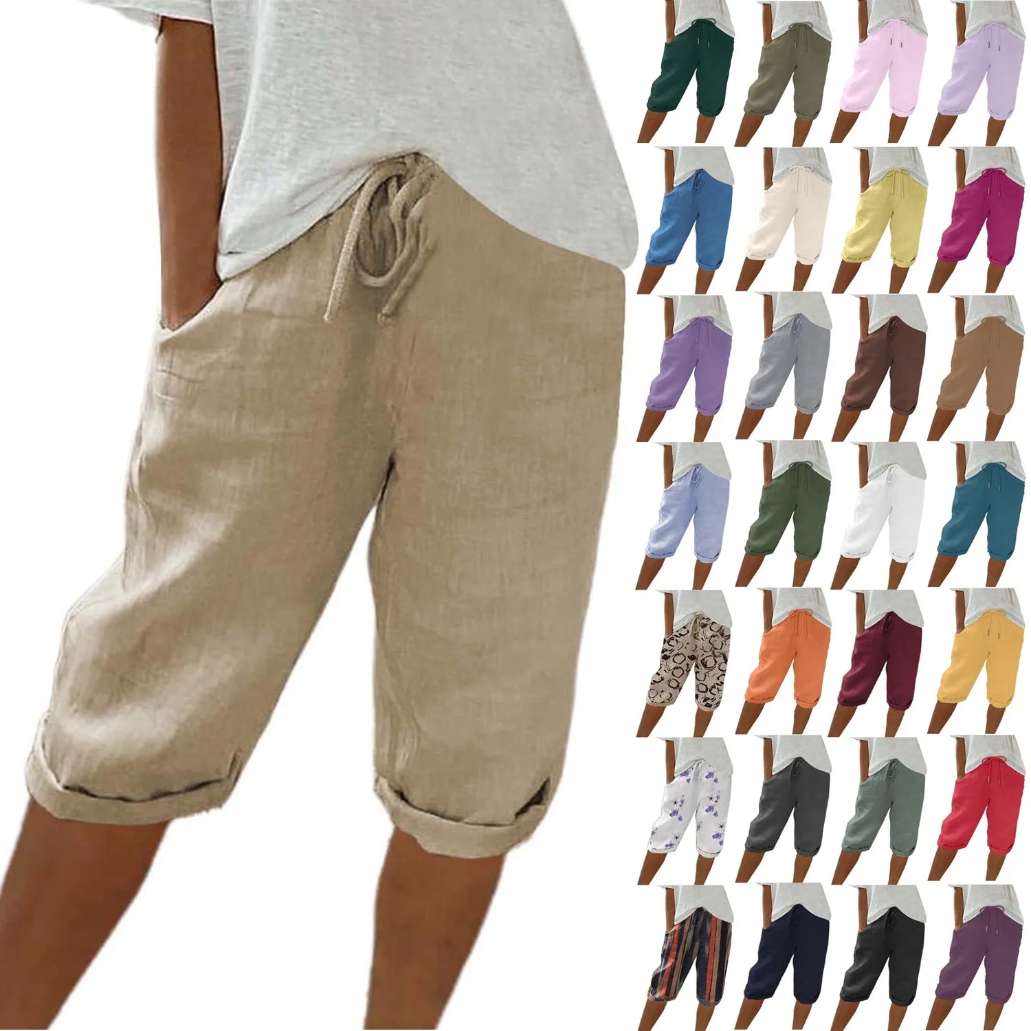 Casual Cotton Linen Pants For Female Streetwear Solid Color Wide Leg Capri Versatile Palazzo Pants Baggy Cargo Pants With Pocket