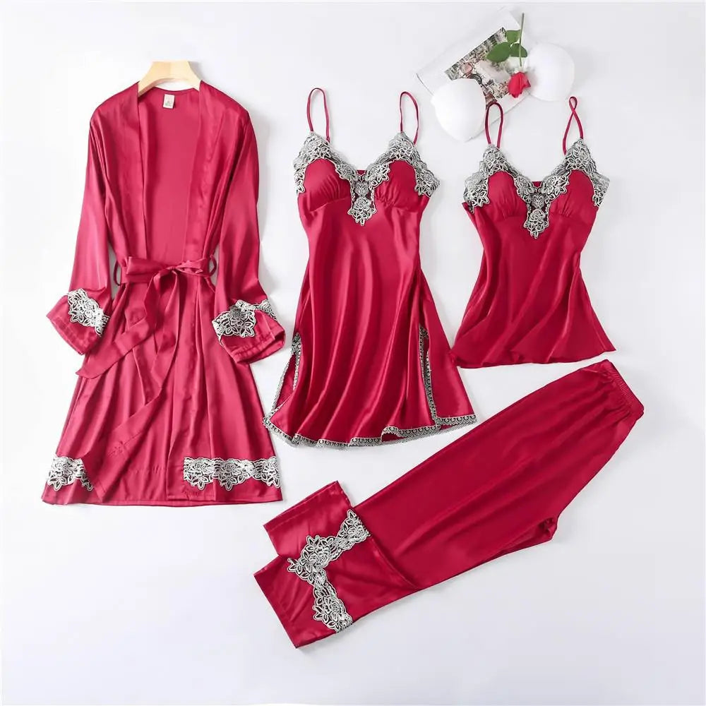 Casual Women Sleepwear Satin Pajamas 4PCS PJS Set Sexy Nightwear Kimono Bathrobe Gown Lace Intimate Lingerie Soft Homewear