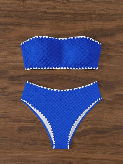 Swimwear White 2 Piece Strapless Swimsuit for Women Sexy Bandeau Backless Bikini Set Lace-up Patchwork Bathing Suit 2025 New