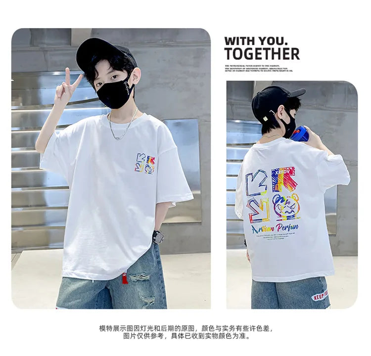 Kids Summer Clothes T-shirt for Boy Short Sleeve Cotton Tshirt Outfits Teenage Children Cartoon Print Clothing Age 5 To 14 Years