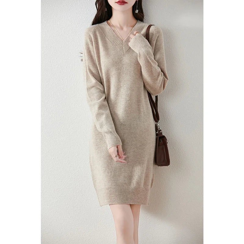 Fashion Autumn Winter Dress Women100%Merino Wool V-neck Long-sleeved Dress Women&