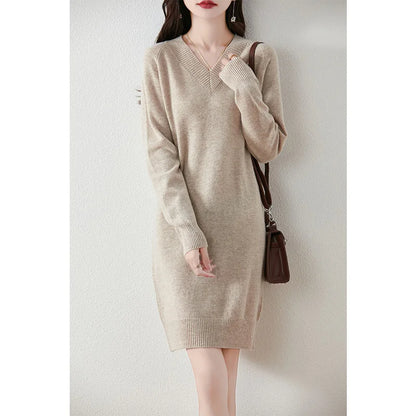 Fashion Autumn Winter Dress Women100%Merino Wool V-neck Long-sleeved Dress Women&