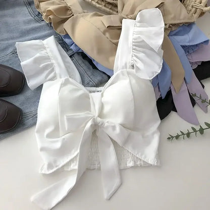 Crop Tops Camis Women Ruffles Sexy Elegant Simple Streetwear Vintage Summer Holiday Casual Young Aesthetic All-match Ulzzang New