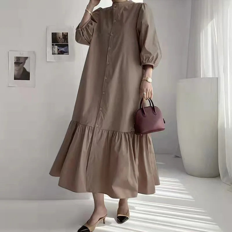 Fashion Summer Dress for Women Vintage Ruffles Hem Cardigan Long Dresses Women Elegant Casual Sundress Party Vestidos Robe Femme