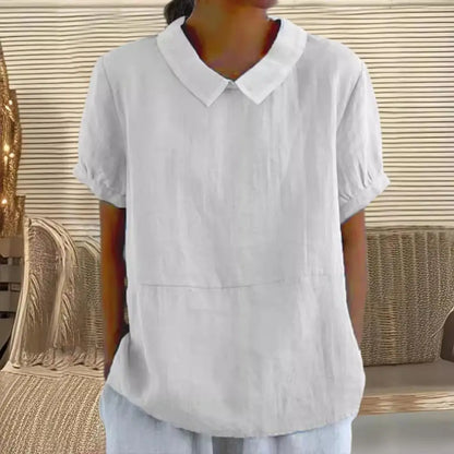 2026 Cotton Linen Women Blouse Lapel Short Sleeve Breathable Top Loose Fit Blouse Round Neck Soft Fabric Summer Blouse 80%