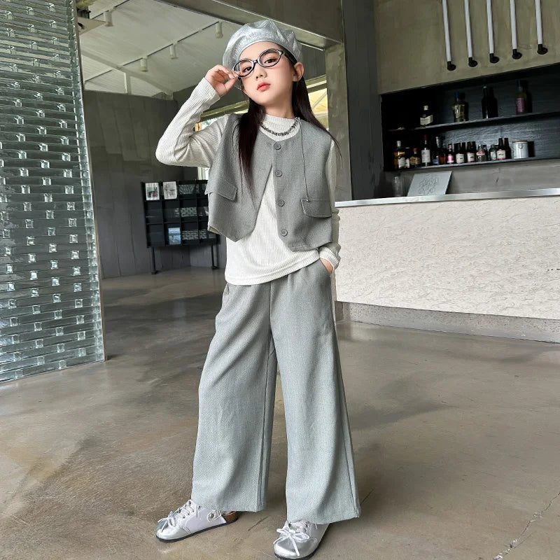 Design junior girls clothes set Round neck vest+cotton t-shirt+Wide leg pants 3pcs teenage kids clothing suit chidren outfits 14
