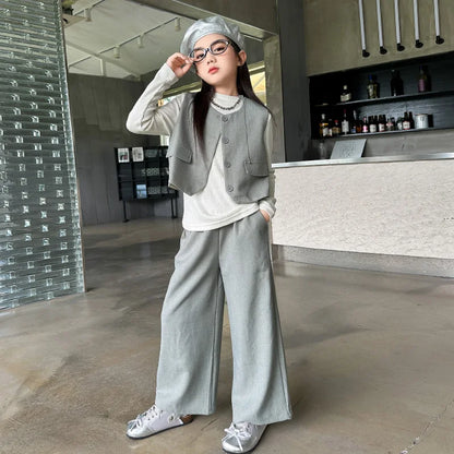 Design junior girls clothes set Round neck vest+cotton t-shirt+Wide leg pants 3pcs teenage kids clothing suit chidren outfits 14