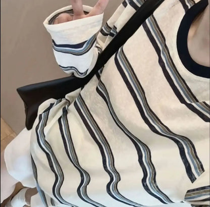 Women Clothes Spring Autumn Fashion Simplicity All-match Striped Color Blocking O-neck Ladies Appear Thin Lazy Wind Long Sleeve