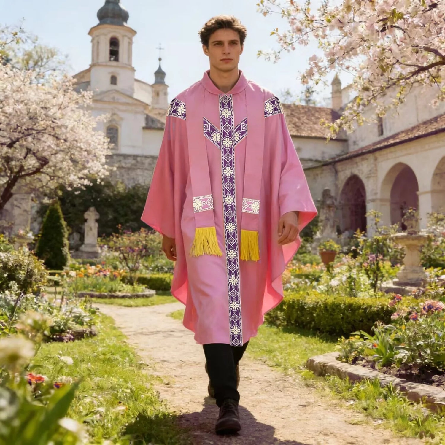 Men Catholic Church Priest Chasuble Embroidered Liturgical Robe Clergy Robe For Mass Prayer Costume Medieval Muslim Costume