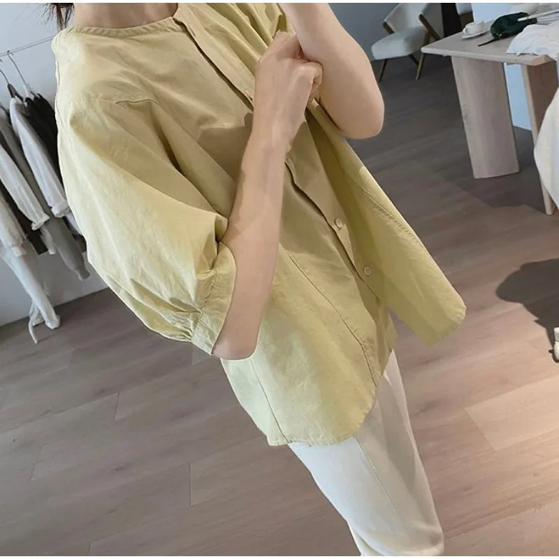 Women Round Neck Blouse Short Sleeve Button Down Loose Casual Solid Color Summer Shirt