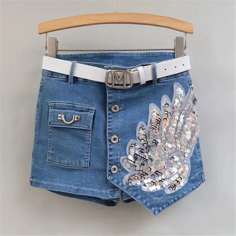 Fashion Sequin Denim Short Skirt Women Spring/Summer 2025 New Korean High Waist Slim Irregular Sexy Hot Pants White Black Casual