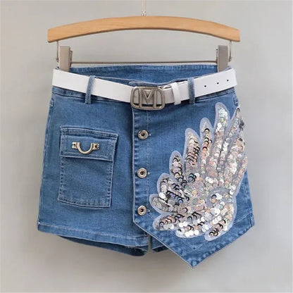 Fashion Sequin Denim Short Skirt Women Spring/Summer 2025 New Korean High Waist Slim Irregular Sexy Hot Pants White Black Casual