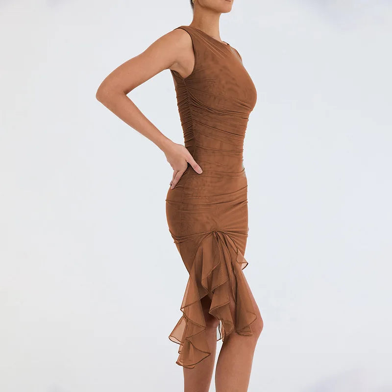 2025 Spring And Summer Sleeveless Dresses Women New Fashion Mesh Tight Solid Color Elegant Temperament Irregular Hem Vestidos