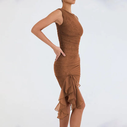 2025 Spring And Summer Sleeveless Dresses Women New Fashion Mesh Tight Solid Color Elegant Temperament Irregular Hem Vestidos