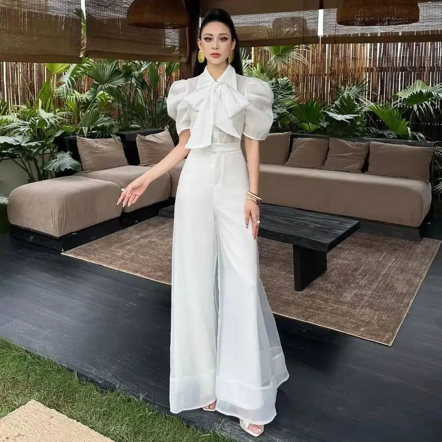 New Fashion Organza Wide Leg Palazzo Pants Women Elegant Summer High Waist Solid Color Office Lady Trousers Clothing