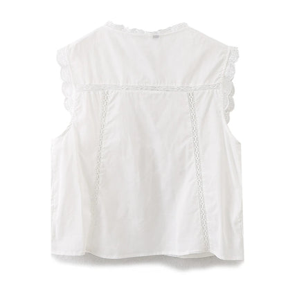 Sleeveless Lace-up Summer Blouse  Cotton Floral Embroidered lace Blouses Shirts Women Tops Vintage Boho Beach Wear Casual Blusas
