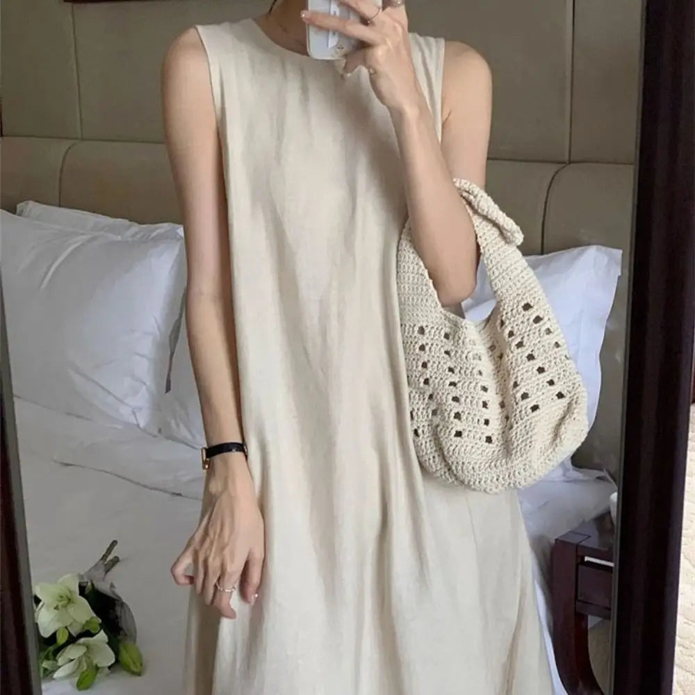 Solid Summer Sleeveless Dress Round Neck Simple Vocation Vest Dresses Beachwear Hollowed Out Open Back Long Dress Teens