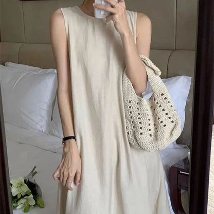 Solid Summer Sleeveless Dress Round Neck Simple Vocation Vest Dresses Beachwear Hollowed Out Open Back Long Dress Teens