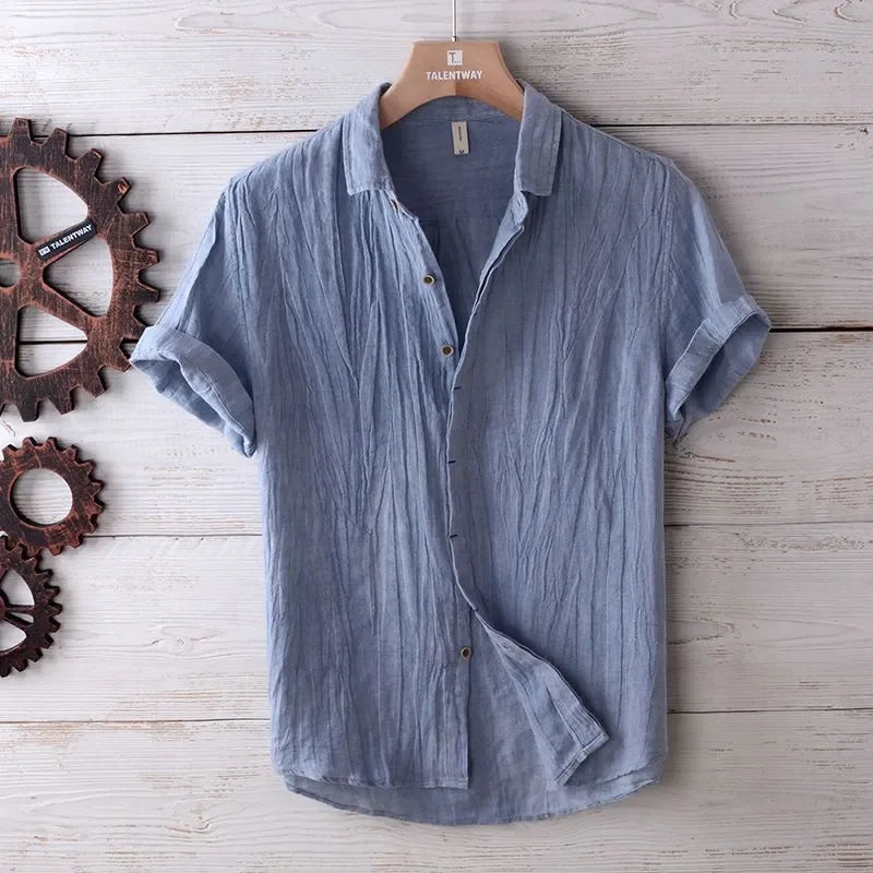 Linen Short Sleeved Shirt for Men, Trendy Japanese Retro Solid Color Summer Thin Casual Loose Cool Shirt Top