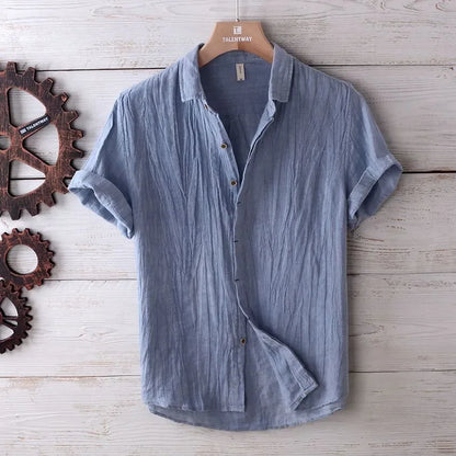 Linen Short Sleeved Shirt for Men, Trendy Japanese Retro Solid Color Summer Thin Casual Loose Cool Shirt Top