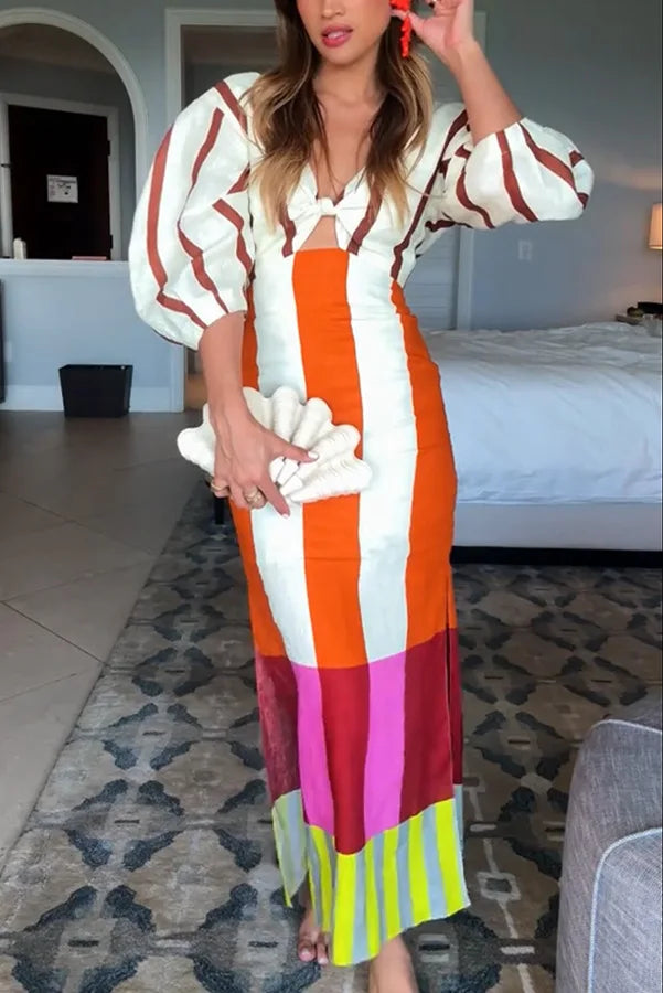 Women Fashion Linen Material  Fashion Chic Print Long Party Dresses Sexy V-neck Hollow Out High Waist Party Dress Lady Robes