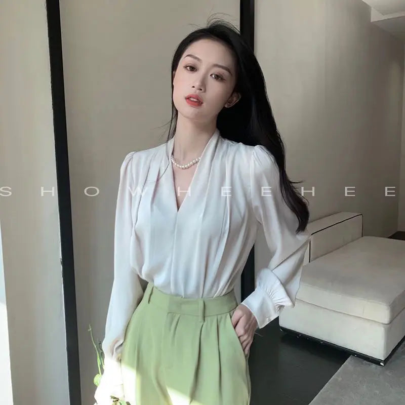 Women Clothing Fashion Loose V-Neck Chiffon Top Spring Autumn Elegant Long Sleeve Blouse Office Lady Simplicity Cozy Solid Shirt