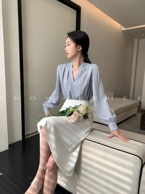 Women Clothing Fashion Loose V-Neck Chiffon Top Spring Autumn Elegant Long Sleeve Blouse Office Lady Simplicity Cozy Solid Shirt