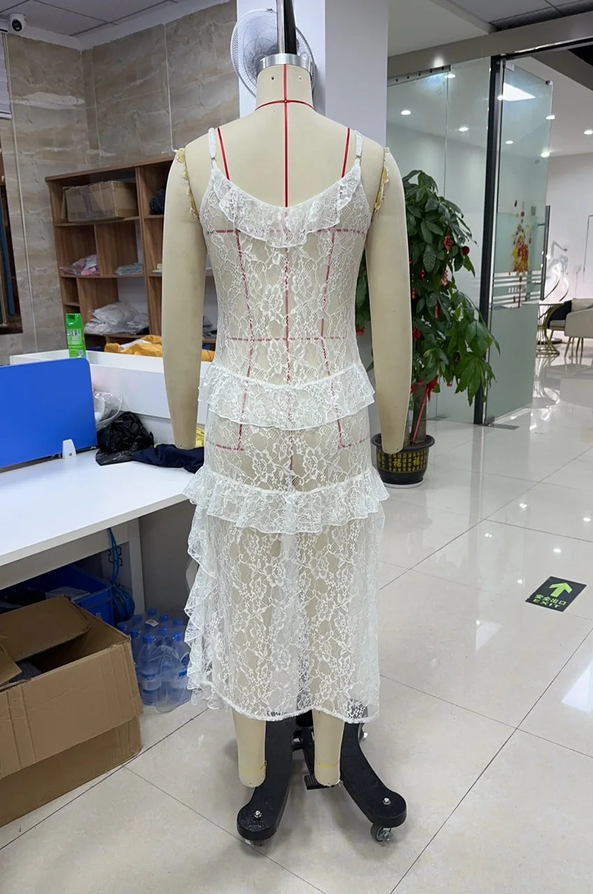 Women Lace Camisole, Sleeveless Tops V-neck Slit Ruffled Summer Long Sheer Tops Clubwear