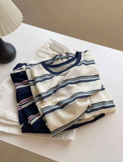 Women Clothes Spring Autumn Fashion Simplicity All-match Striped Color Blocking O-neck Ladies Appear Thin Lazy Wind Long Sleeve