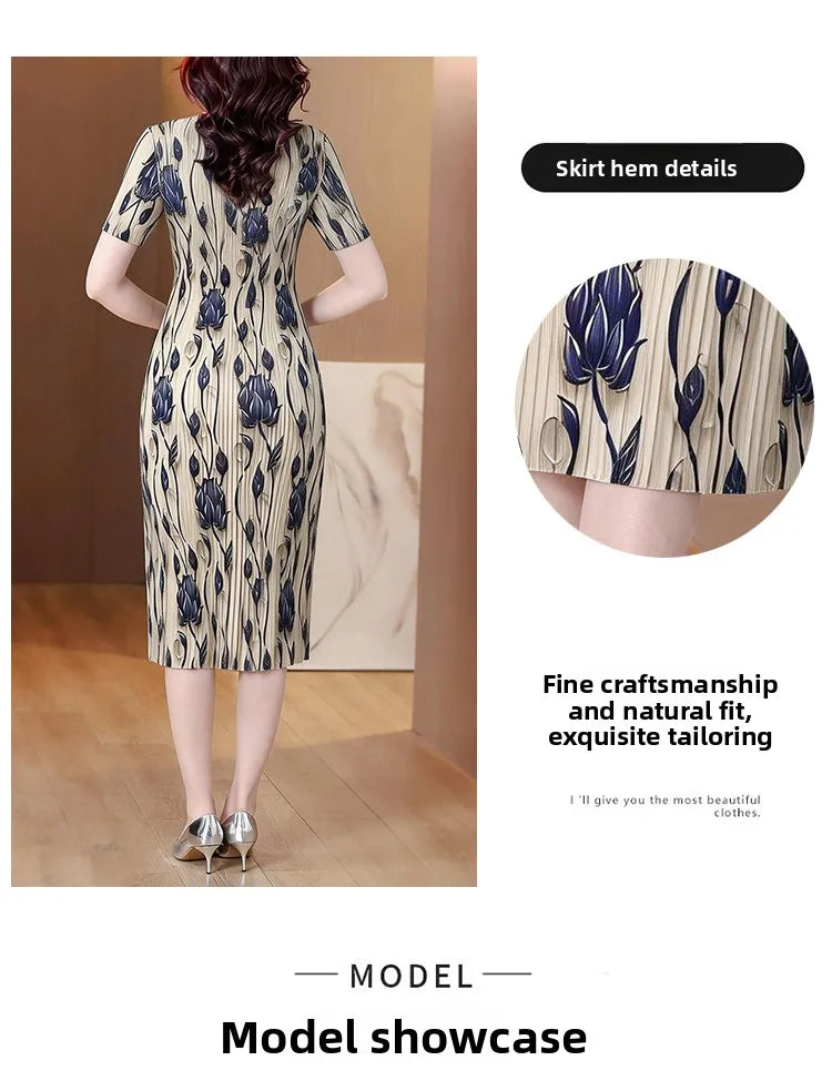 Elegant Pleated Maxi Dress for Women Summer Fashion High Waist A-Line Skirt Short Sleeve round Neck Iron-Free Business Wear