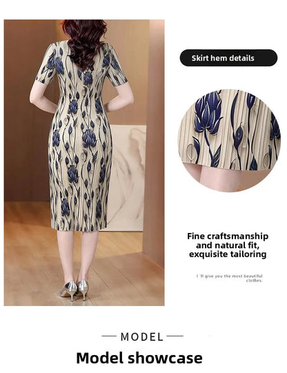 Elegant Pleated Maxi Dress for Women Summer Fashion High Waist A-Line Skirt Short Sleeve round Neck Iron-Free Business Wear
